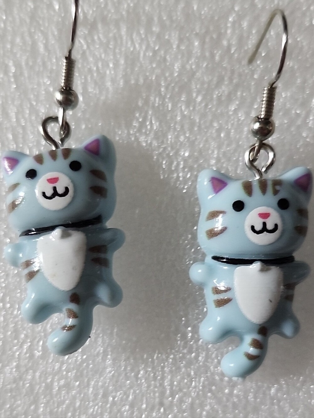 Hand Crafted Pale Blue Kitten Dangle Earrings with White and Pink Accents
